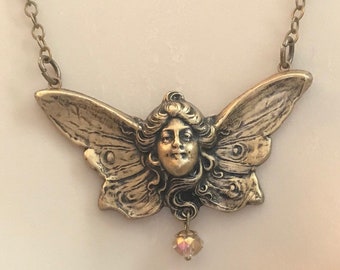 Art Nouveau vintage brass fairy necklace, unique statement pendant, soldered brass chain, vintage jewelry gift for her