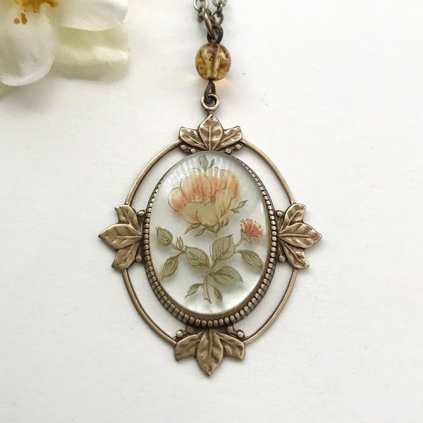 Vintage yellow rose necklace, fall necklace, romantic rose pendant, Downton Abbey necklace, Victorian necklace for women, vintage jewelry