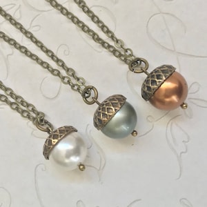 Glass pearl acorn necklace, choose color option, fall pendant with brass chain, nature inspired gift for her