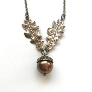 Brass Oak Leaf and Acorn Necklace: Copper Pearl, Vintage Style, Brass Leaves