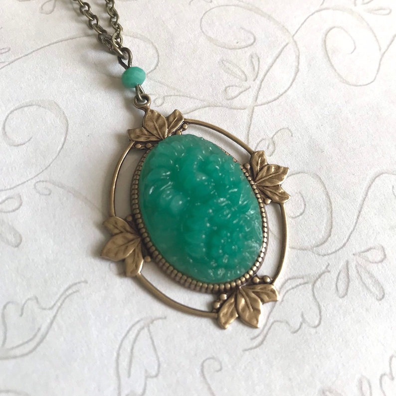 Vintage green glass pendant necklace, carved glass cabochon with brass setting, Victorian style necklace, unique gift for her image 3