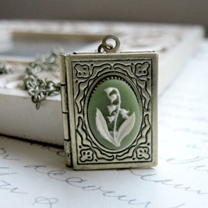 Lily of the valley locket necklace, book locket with cameo, gift for her, vintage cameo locket, sage green cameo