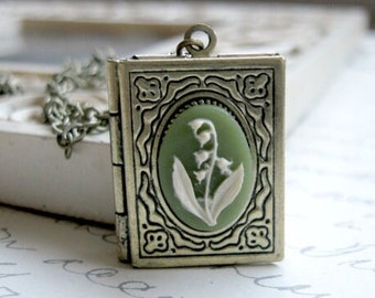 Lily of the valley locket necklace, book locket with cameo, gift for her, vintage cameo locket, sage green cameo