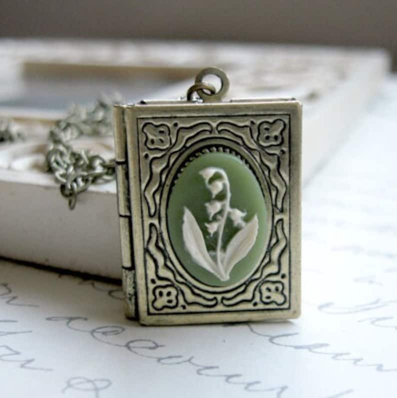Lily of the valley locket necklace, book locket with cameo, gift for her, vintage cameo locket, sage green cameo image 1