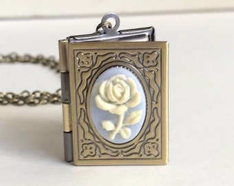 Blue cameo locket necklace, book locket, white rose cameo necklace, long necklace, keepsake locket
