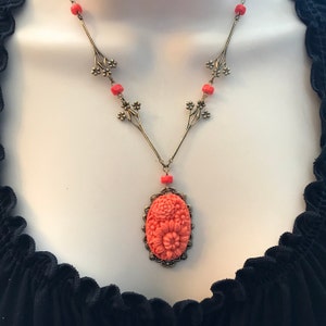 Orange Coral Glass Necklace, carved glass cabochon, filigree brass setting, unique vintage jewelry, fall pendant necklace, gift for her
