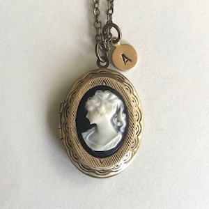 Black cameo locket necklace, lady cameo, personalized monogram initial charm, long brass chain, vintage style brass locket, cameo jewelry