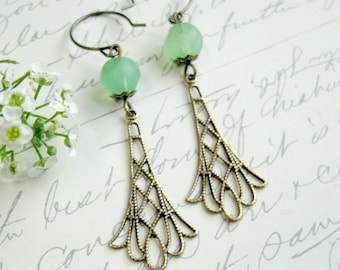 Spring green glass bead earrings, art nouveau style brass filigree earrings, long dangles, women's gift, gift for her, vintage inspired