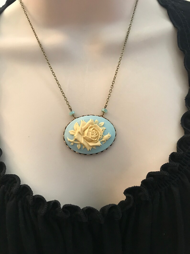 blue cameo necklace gift for her white rose oval brass setting Vintage jewelry Mother/'s day gift cameo jewelry