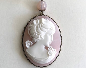 Pink cameo necklace, large cameo pendant, soldered brass chain, Victorian style, vintage jewely gift for her, gift for Mom