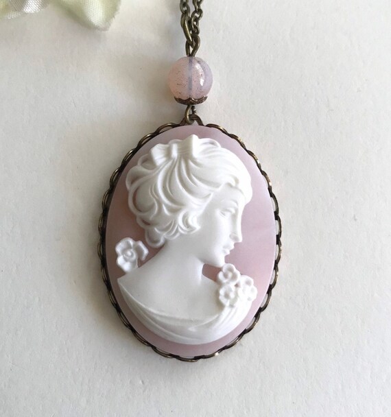Pink Cameo Necklace Large Cameo Pendant Soldered Brass Chain