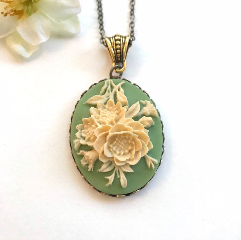 Vintage green cameo necklace, ivory rose cameo pendant, Mother's day gift, Spring jewelry, Victorian style gift for her, long brass chain image 1