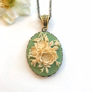 Sage green cameo necklace, with long brass chain, ivory rose cameo, vintage inspired jewelry, oxidized brass setting, gift for her image 3