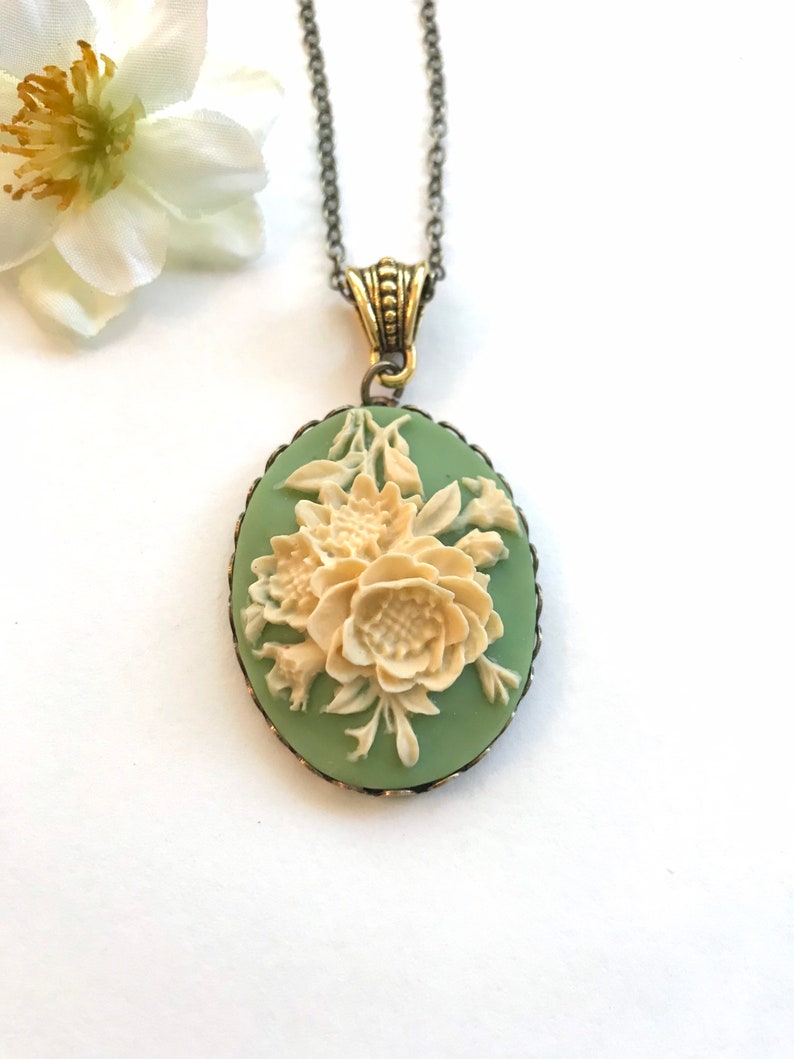 Sage green cameo necklace, with long brass chain, ivory rose cameo, vintage inspired jewelry, oxidized brass setting, gift for her image 3