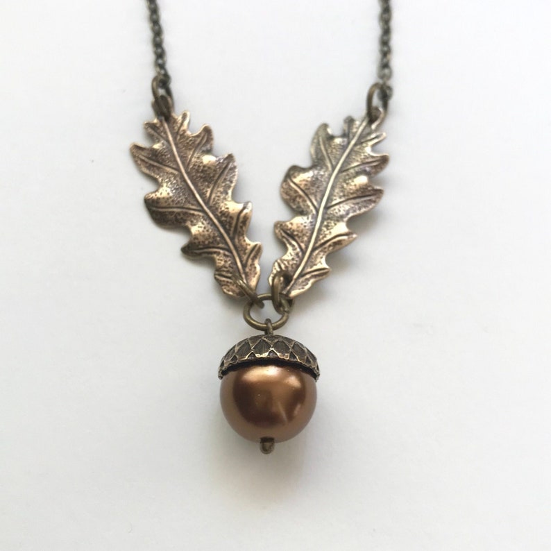 Brass Oak Leaf and acorn necklace, copper glass pearl pendant, nature inspired fall necklace, gift for her, vintage jewerly image 1