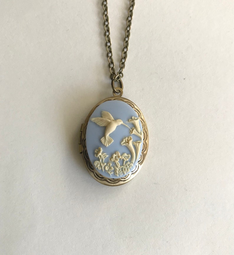 Hummingbird Cameo Locket Necklace Blue Cameo Bird Necklace - Etsy