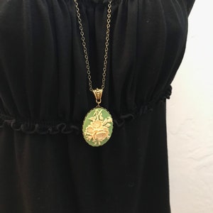 Sage green cameo necklace, with long brass chain, ivory rose cameo, vintage inspired jewelry, oxidized brass setting, gift for her image 5