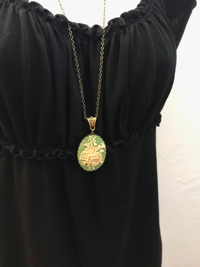 Sage green cameo necklace, with long brass chain, ivory rose cameo, vintage inspired jewelry, oxidized brass setting, gift for her image 5
