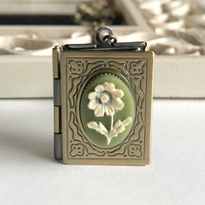 Vintage style brass book locket necklace, white daisy flower cameo, olive green cameo, nature jewelry gift for her, keepsake locket