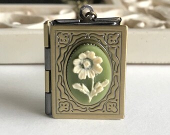 Olive green cameo locket necklace, brass book locket, vintage style flower cameo, nature jewelry gift for her, white daisy keepsake pendant