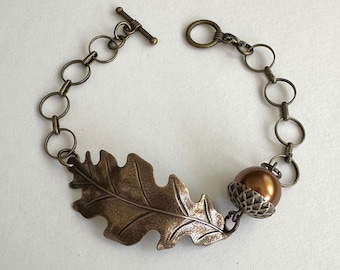 Brass Oak Leaf Bracelet with copper acorn, fall bracelet, large pearl acorn, vintage jewelry, nature inspired gift for her