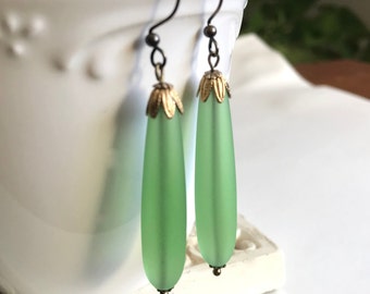 Long green glass earrings, recycled glass beads, long dangle earrings, frosted glass beads, unique gift for her, recycled jewelry
