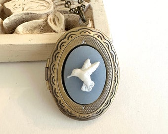 Hummingbird locket necklace, vintage blue cameo, brass photo locket, long chain, cameo jewelry, gift for her, gift for mom, bird necklace