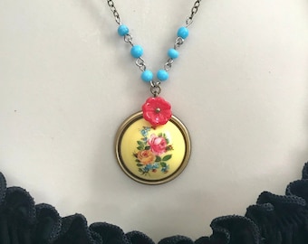 Vintage Yellow Rose Bouquet Necklace: Cabochon Pendant, Blue Glass Beads, Vintage Jewelry