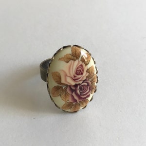 Vintage rose cameo ring, porcelain cameo, adjustable ring, Victorian style, unique jewelry, pink rose cameo, women's ring, gift for her