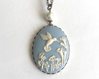 Blue hummingbird cameo necklace, large pendant, cameo with pearl, vintage style cameo with flowers, long brass chain