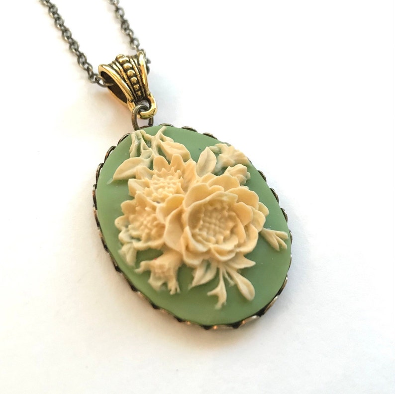 Sage green cameo necklace, with long brass chain, ivory rose cameo, vintage inspired jewelry, oxidized brass setting, gift for her image 4