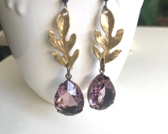 Amethyst teardrop jewel earrings, purple glass jewels, gold leaf dangles, vintage jewelry gift for her, women's holiday gift