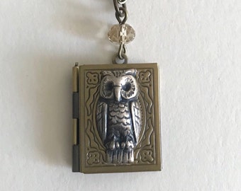 Owl Locket Necklace, brass book locket, silver owl locket, woodland bird necklace, vintage style jewelry