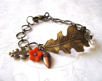 Gold Oak Leaf Bracelet, fall jewelry, nature inspired, vintage style, acorn charm, women's gift, women's bracelet, autumn jewelry