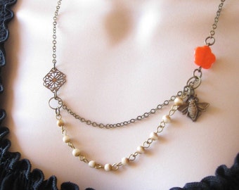 Vintage orange flower necklace, brass bee charm, beaded chain, featured in Jewelry Affaire magazine, spring necklace, gift for Mom