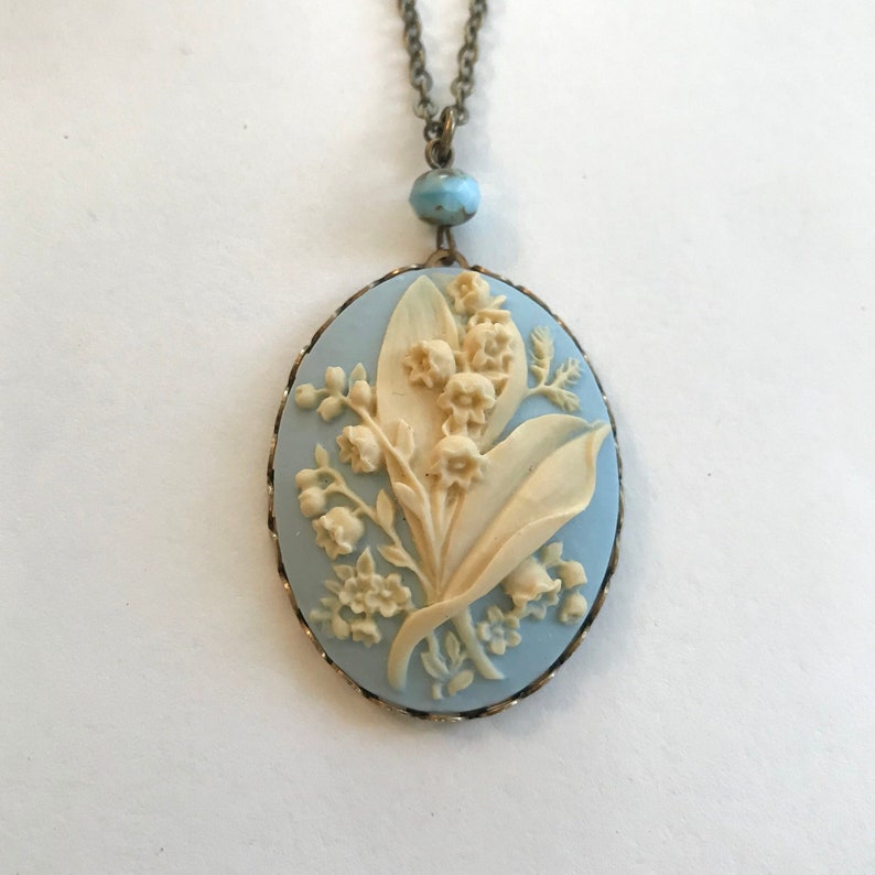 Lily of the valley cameo necklace, large blue cameo pendant, Mother's day gift, vintage jewelry gift for her, cameo jewelry image 1