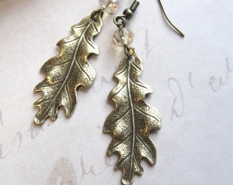 Brass Oak Leaf Earrings, lightweight dangles, faceted glass beads, vintage jewelry, fall birthday gift, women's gift, fall earrings