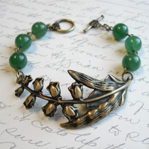 Lily of the Valley Bracelet: Green Jade Beads & Brass Flower Cuff, Vintage Style Botanical Jewelry