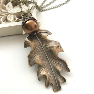 Brass Oak Leaf Necklace with Glass Pearl Acorn – Fall Botanical Jewelry