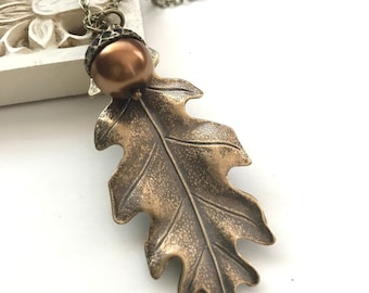 Brass Oak Leaf Necklace, Choose Color, Glass Pearl Acorn Bead, Fall Botanical Jewelry