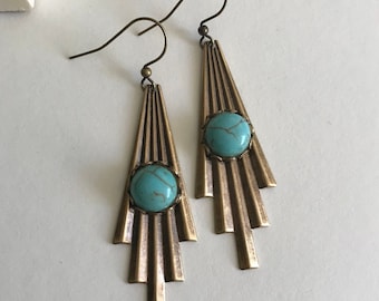 Long turquoise earrings, Art deco earrings, lightweight brass dangles, artisan earrings, unique turquoise jewelry