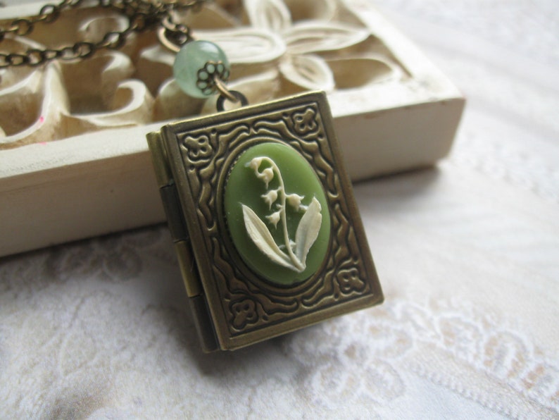 Lily of the valley locket necklace, book locket with cameo, gift for her, vintage cameo locket, sage green cameo image 3