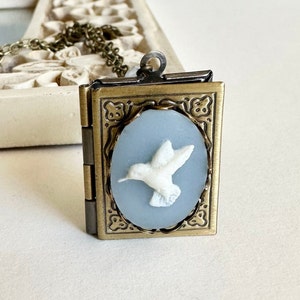 Blue hummingbird book locket necklace, cameo with bird, soldered brass chain, keepsake gift for her, necklace for women