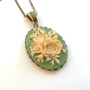 Vintage green cameo necklace, ivory rose cameo pendant, Mother's day gift, Spring jewelry, Victorian style gift for her, long brass chain image 4