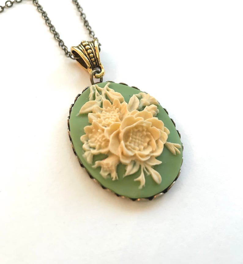 Vintage green cameo necklace, ivory rose cameo pendant, Mother's day gift, Spring jewelry, Victorian style gift for her, long brass chain image 4