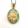 Sage green cameo necklace, with long brass chain, ivory rose cameo, vintage inspired jewelry, oxidized brass setting, gift for her