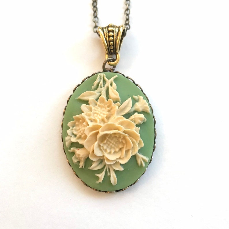 Sage green cameo necklace, with long brass chain, ivory rose cameo, vintage inspired jewelry, oxidized brass setting, gift for her image 1