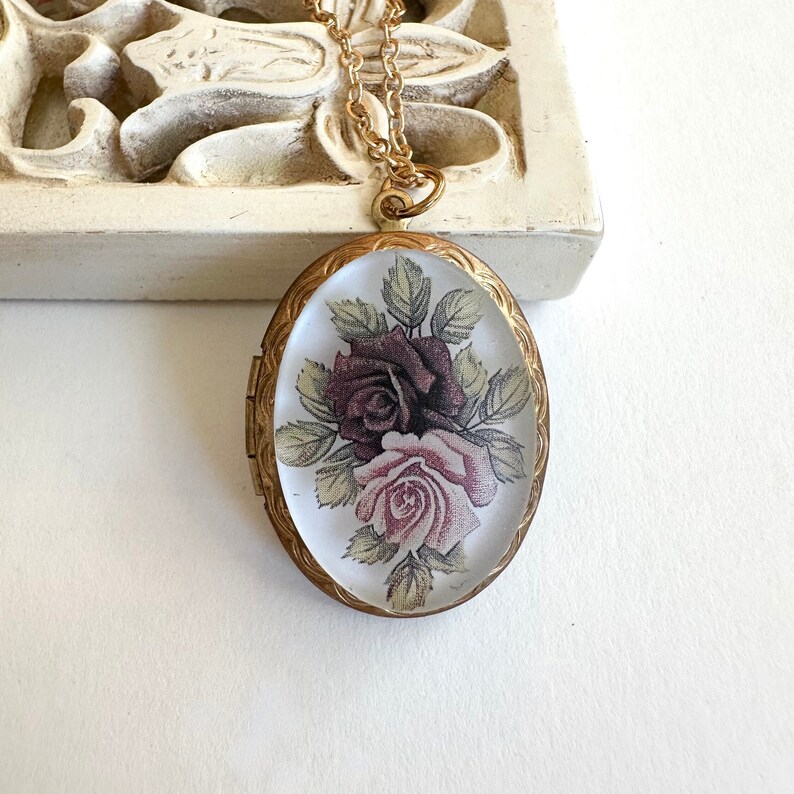 Rose cameo locket necklace, vintage solid brass locket, floral cameo with two roses, Victorian style jewelry gift for her, gift for mom image 1