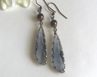 Long vintage glass teardrop earrings, faceted jewels, antique glass earrings, statement earrings, vintage jewelry, unique gift for her