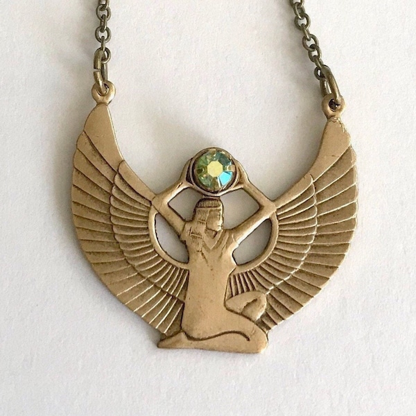 Vintage Egyptian Goddess Necklace, solid brass Isis pendant, Egyptian revival goddess pendant, antique brass, vintage jewelry, gift for her